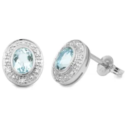 9k White Gold Aquamarine & Diamond Stud Halo Earrings