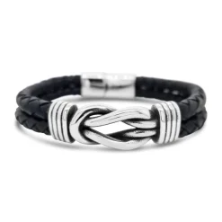 Revolution Steel & Black Leather Sailing Knot Bracelet